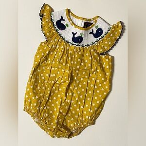 Yellow Polka Dot Baby Romper with Whale Design